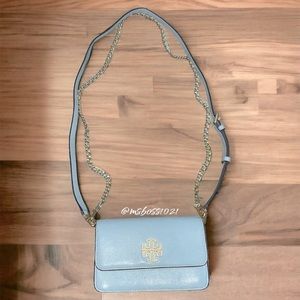 Tory Burch Britten Pebbled Leather Double Strap Chain/Leather Crossbody Sky Blue